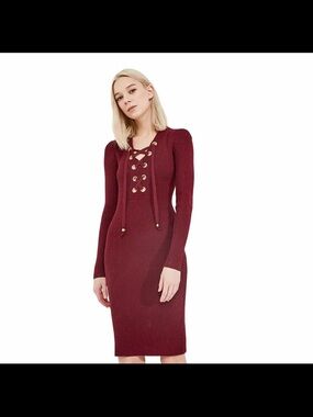 Michael Kors Lace-Up Ribbed Knit Dress in Burgundy